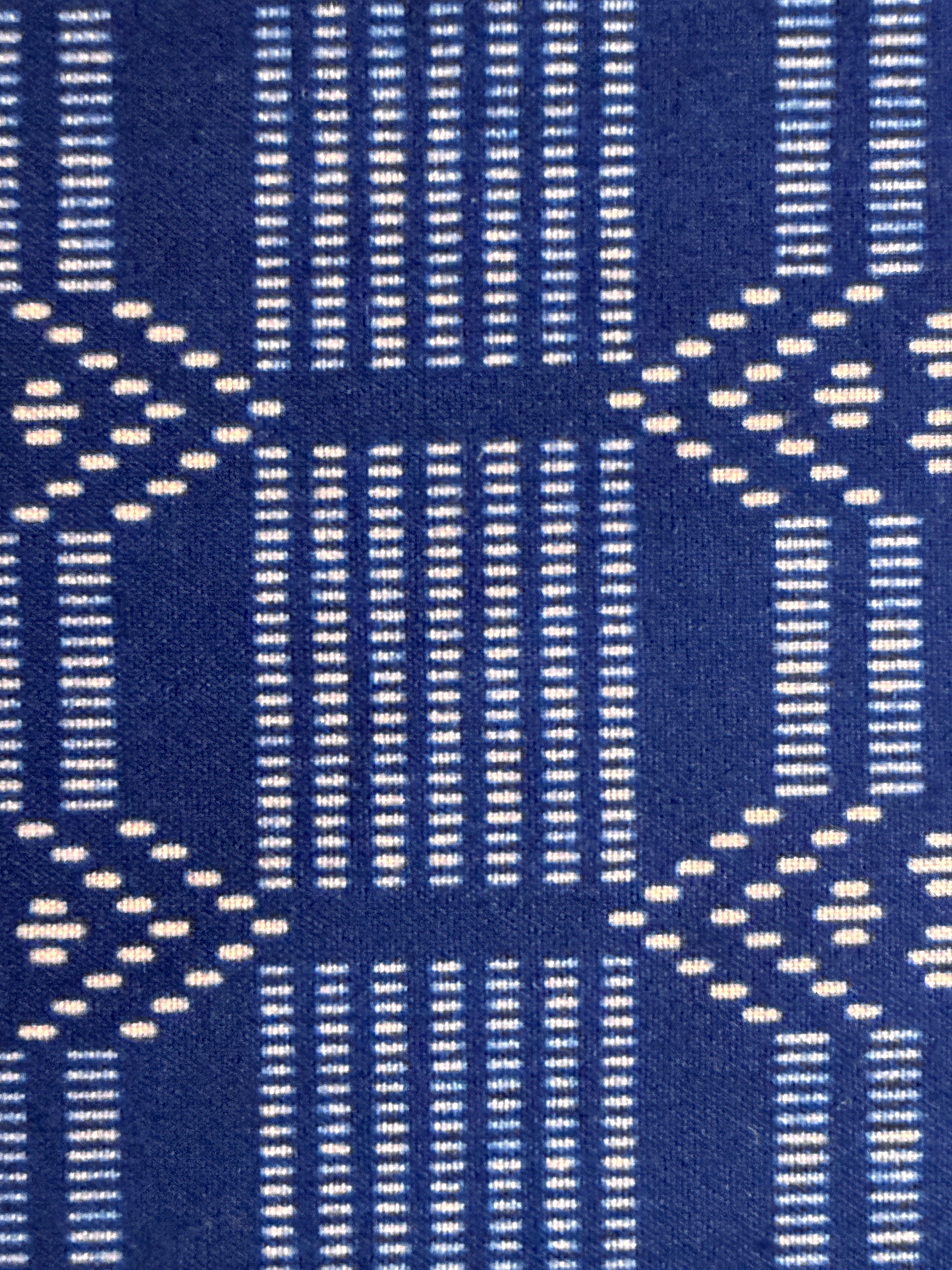 Navy blue fabric with a white geometric pattern