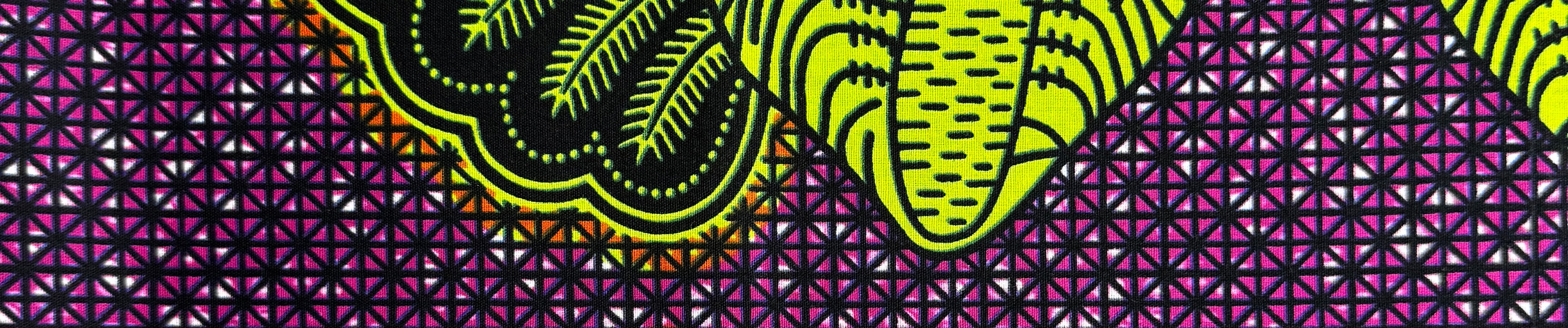 Classic African wax print design featuring a decorative yellow floral border pattern over a rhythmic purple geometric background, showcasing the timeless symmetry of authentic Ankara textile art.