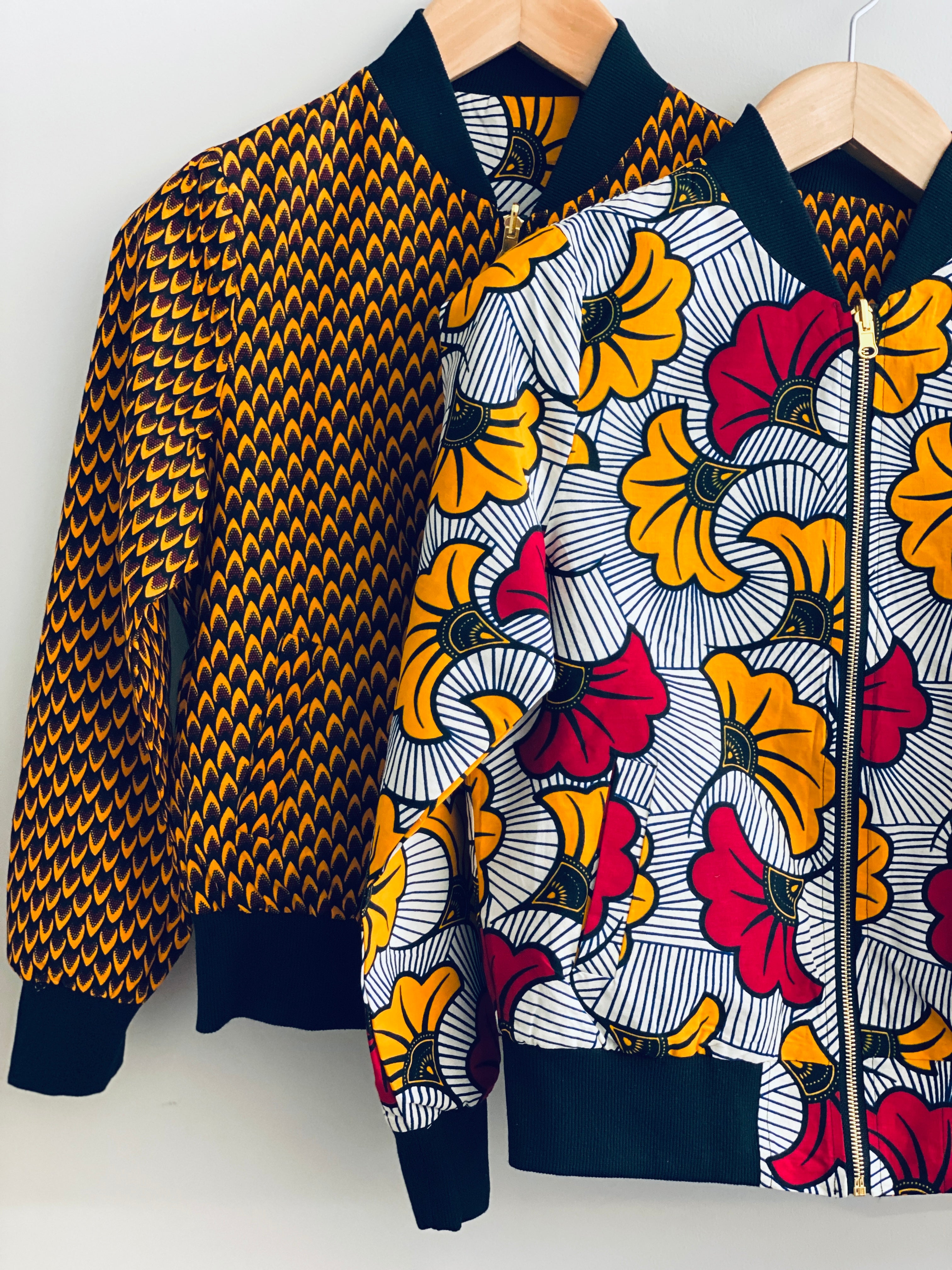 both sides of an african fabric reversible bomber jacket